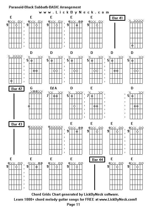 Chord Grids Chart of chord melody fingerstyle guitar song-Paranoid-Black Sabbath-BASIC Arrangement,generated by LickByNeck software.